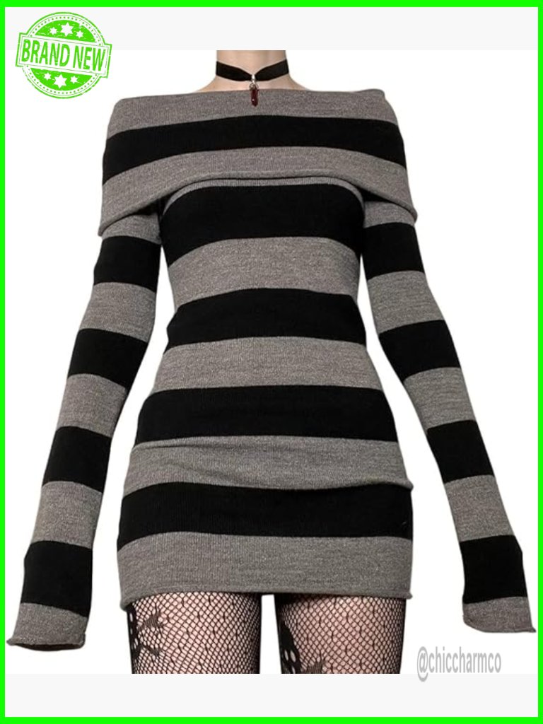 Long Sleeve Off Shoulder Bodycon Mini Dress Striped Knit Slim Fit
